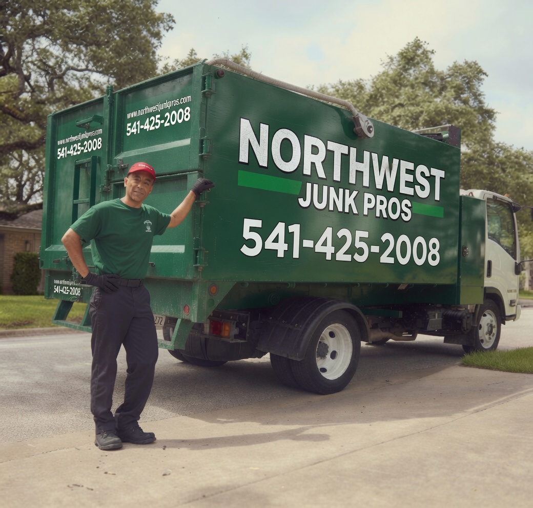 Northwest Junk Pros crew member standing beside the branded removal truck, ready to serve Central Oregon